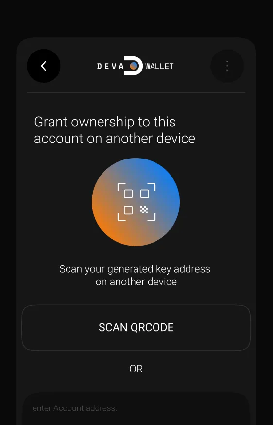 mobile screen displaying Deva Wallet app with account setup