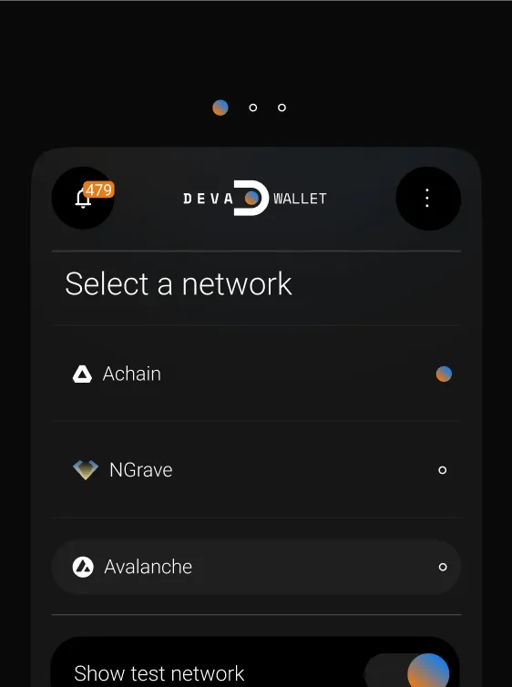 mobile screen displaying Deva Wallet app with network list